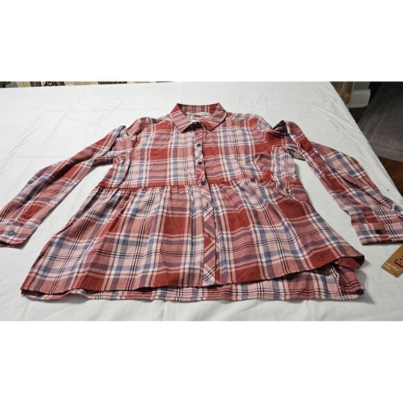 NWT Vanilla Star Women's Plaid Button-Down Peplum Shirt Sz XL Soft Cozy Style - Picture 3 of 10